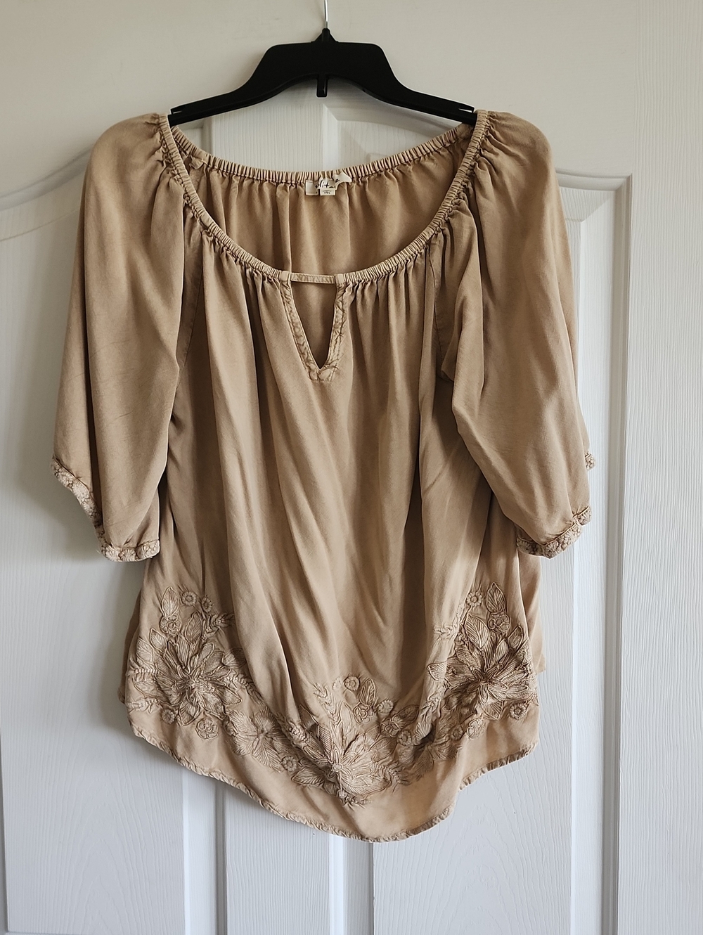 Tan/Honey Color Distressed Embroidered Peasant Blouse - Women's Casual Top